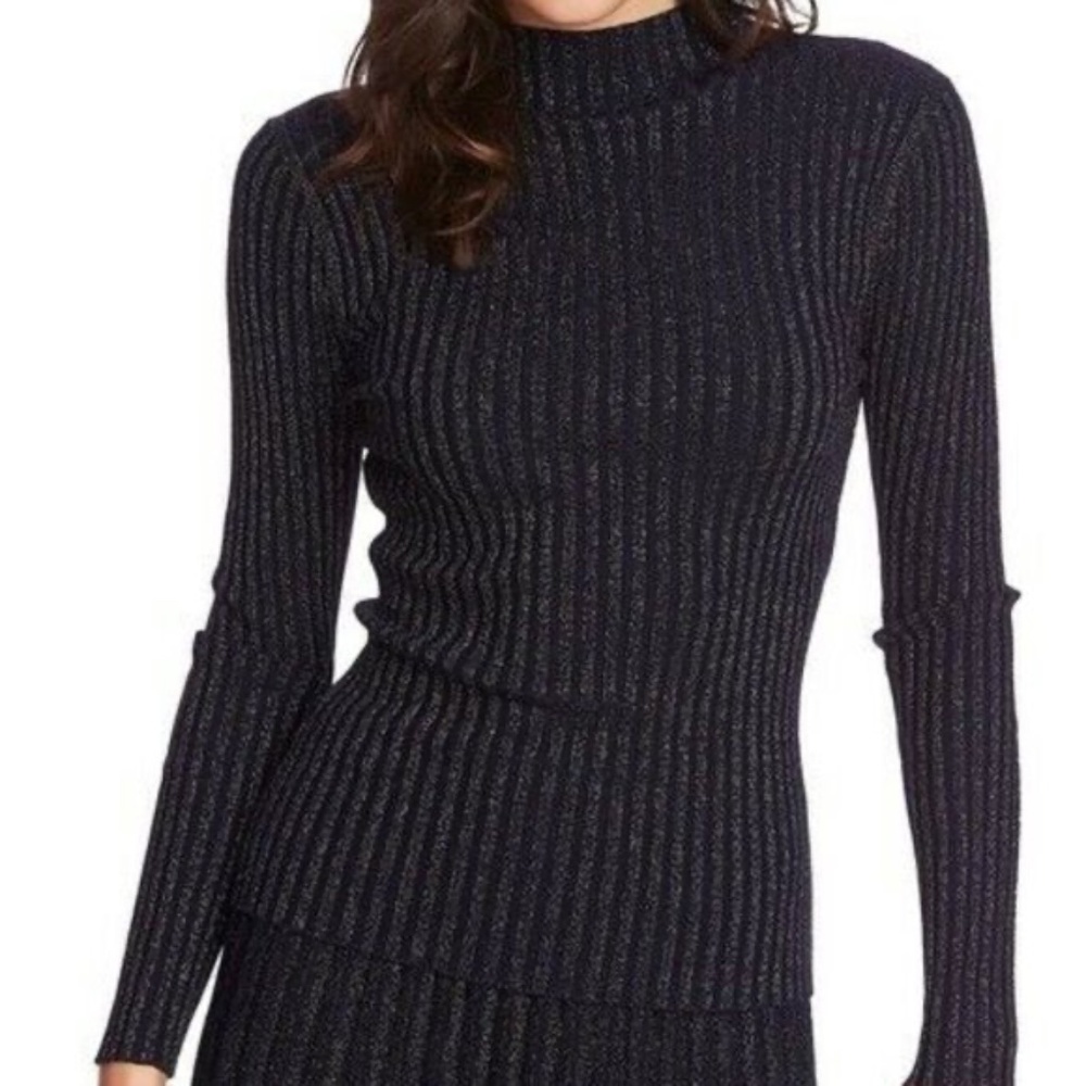 COURT AND ROWE Metallic Mock Neck Ribbed Sweater in Navy Crush Size Large